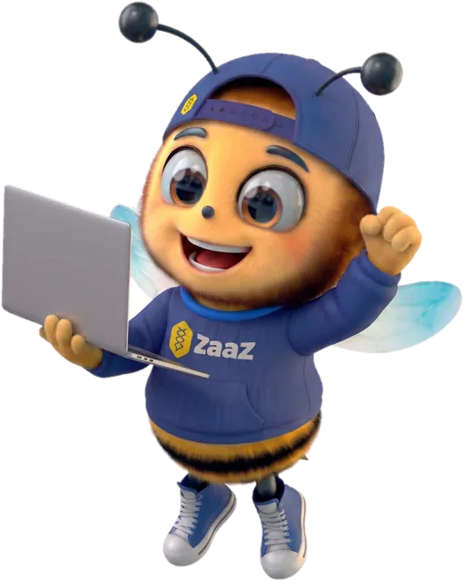 Zaazinho, la mascota de ZAAZ, con una laptop